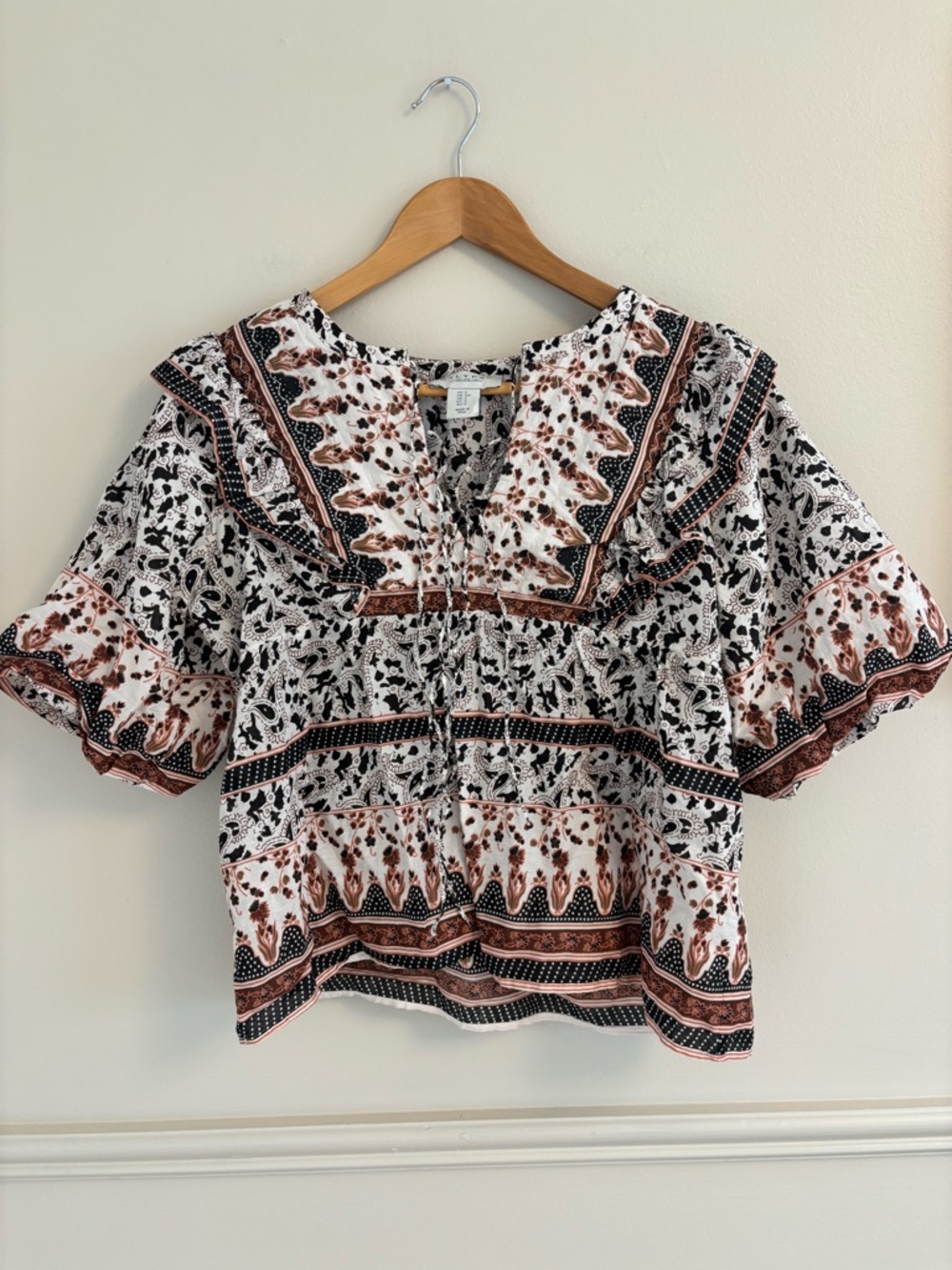Calypso St. Barth White Floral Blouse with Brown Accents